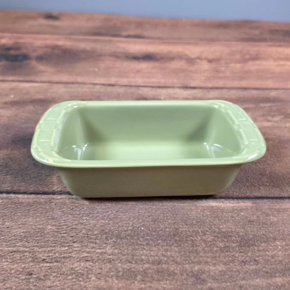 Longaberger Small Loaf Dish Pottery Sage Green Excellent Holiday Fabric Cover